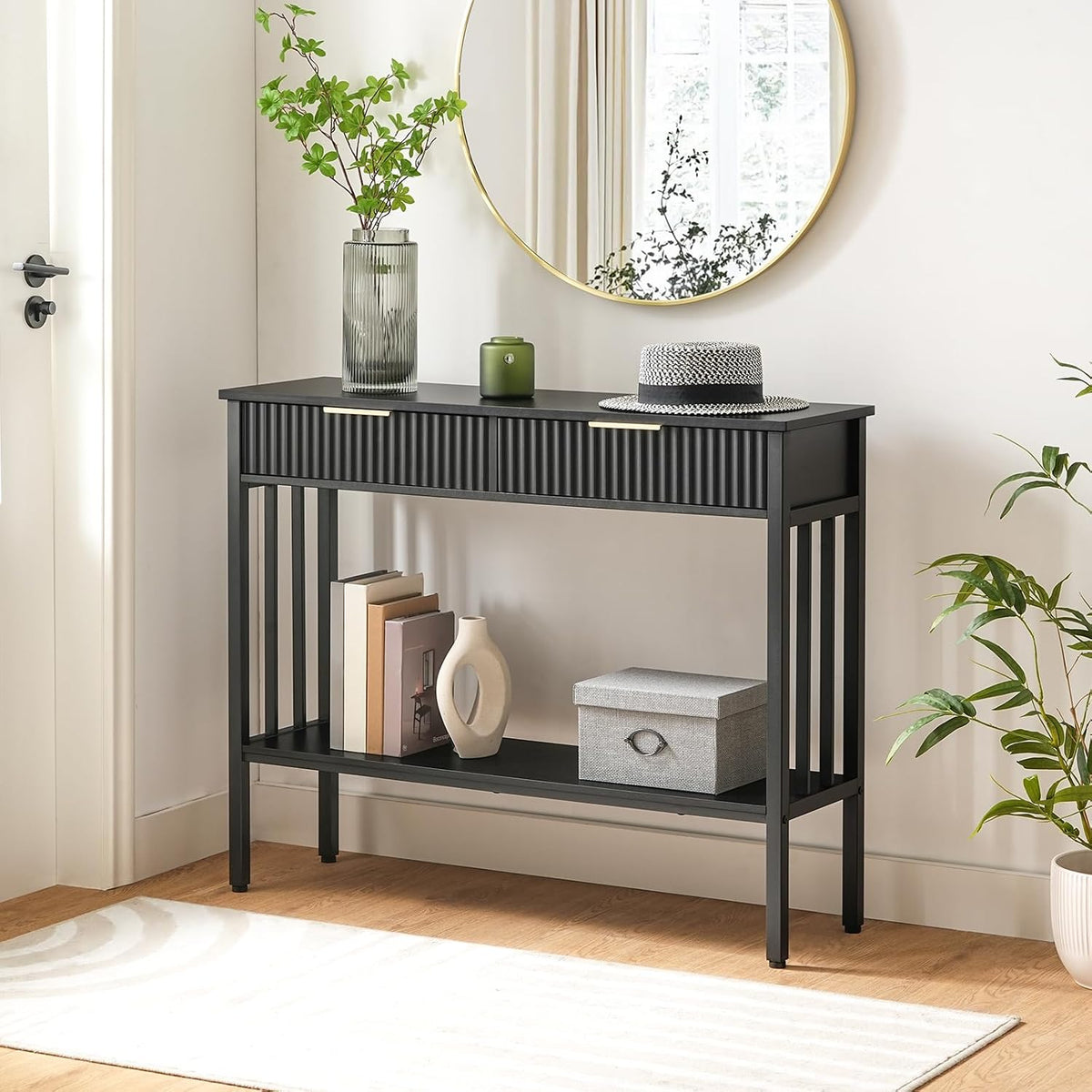 MAHANCRIS 39.4" Console Table with 2 Drawers, Fluted Black Entryway Table