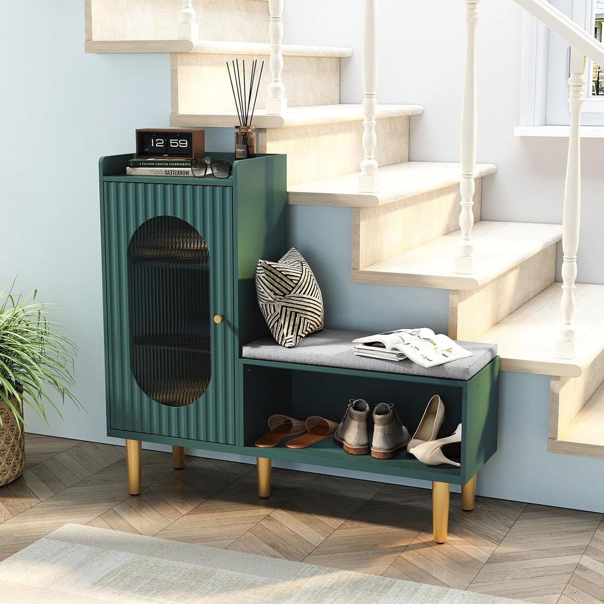 HLR Shoe Storage Bench with Glass Door&Shelf, L-Shaped Shoe Cabinet, Green
