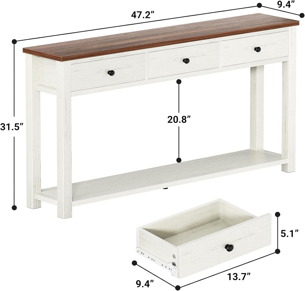 Homieasy Farmhouse Console Table with 3 Drawers, 47 Inch Wood Sofa Table with Storage Shelf for Living Room, Behind Couch, Entryway Table for Hallway, Living Room, or Foyer, Brown and Antique White