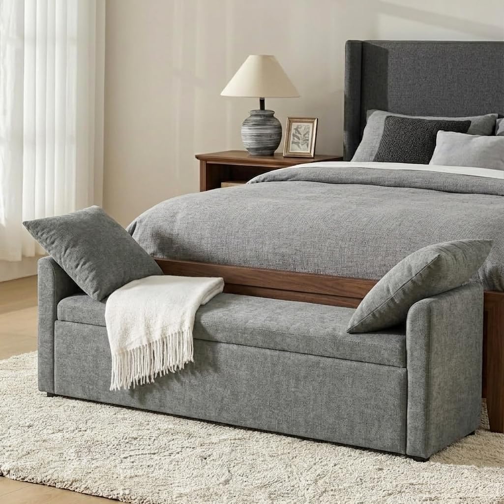 HULALA HOME 59" Storage Bench with 2 Throw Pillows & Armrests, Linen