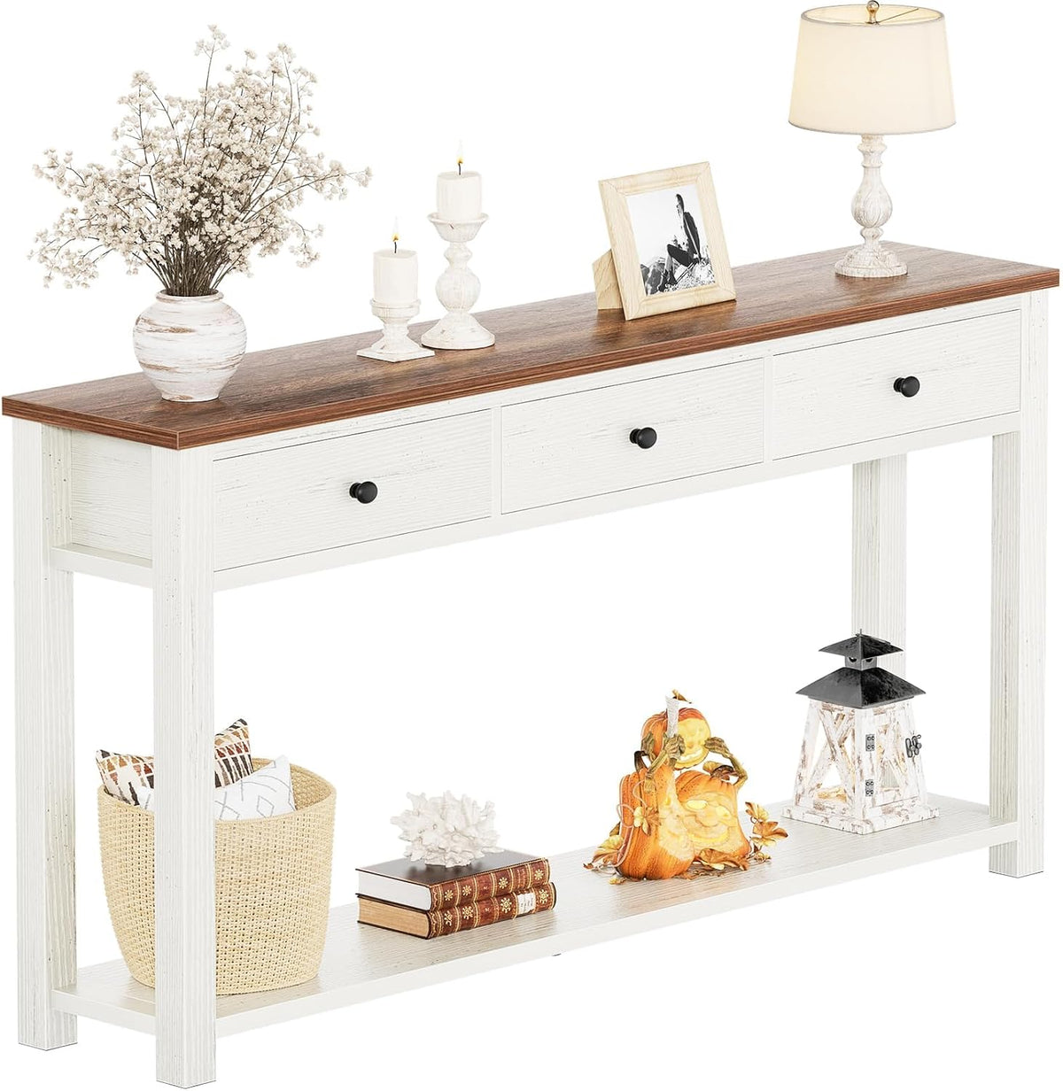 Homieasy Farmhouse Console Table with 3 Drawers, 47 Inch Wood Sofa Table with Storage Shelf for Living Room, Behind Couch, Entryway Table for Hallway, Living Room, or Foyer, Brown and Antique White