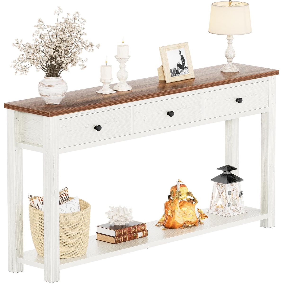 Homieasy Farmhouse Console Table with 3 Drawers, 47 Inch Wood Sofa Table with Storage Shelf for Living Room, Behind Couch, Entryway Table for Hallway, Living Room, or Foyer, Brown and Antique White