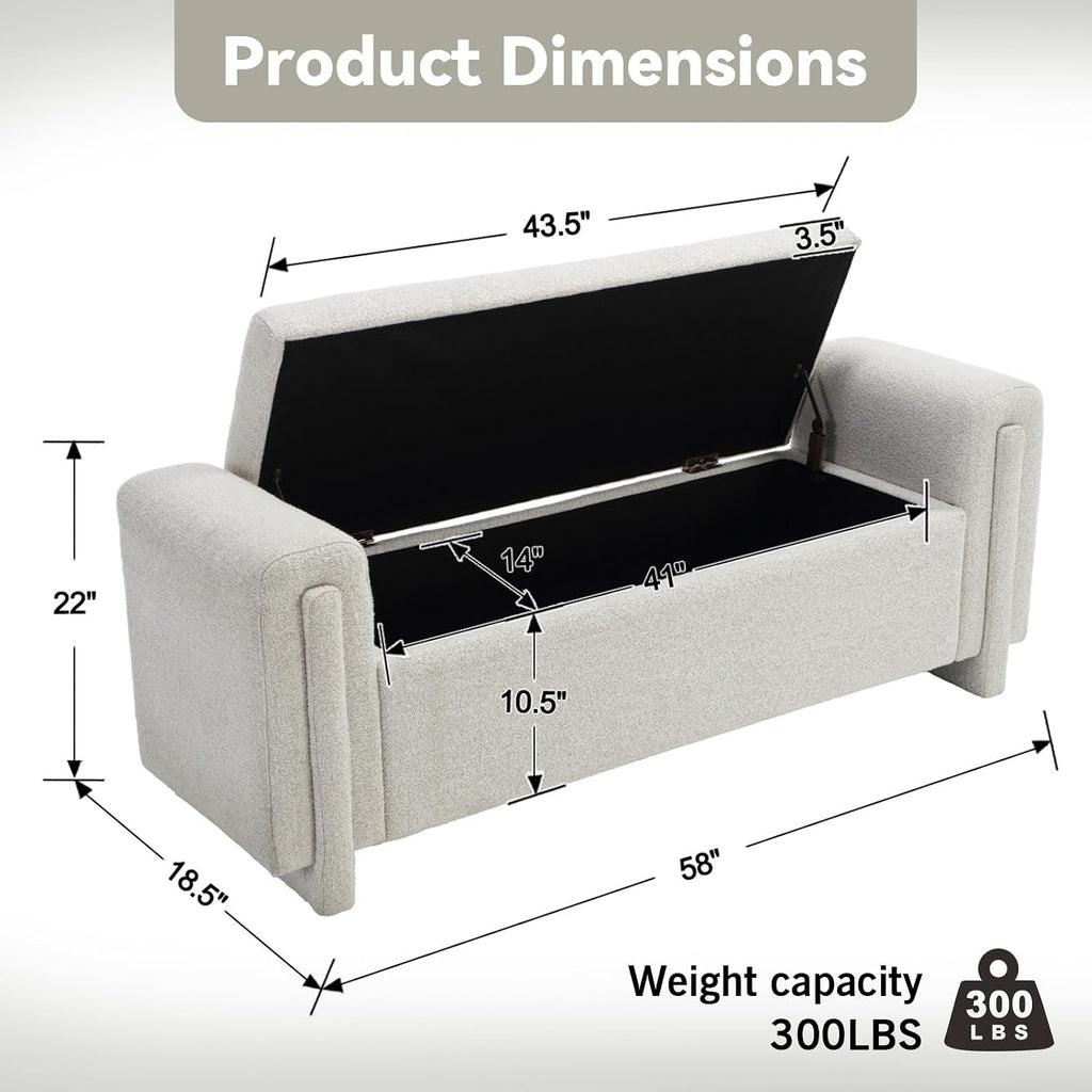 CIMOTA Modern Storage Ottoman Bench, 58” Large Upholstered Storage Bench with Armrests, Boucle Fabric Bedroom End of Bed Bench-Comfy Padded Footstool for Living Room, Entryway, White
