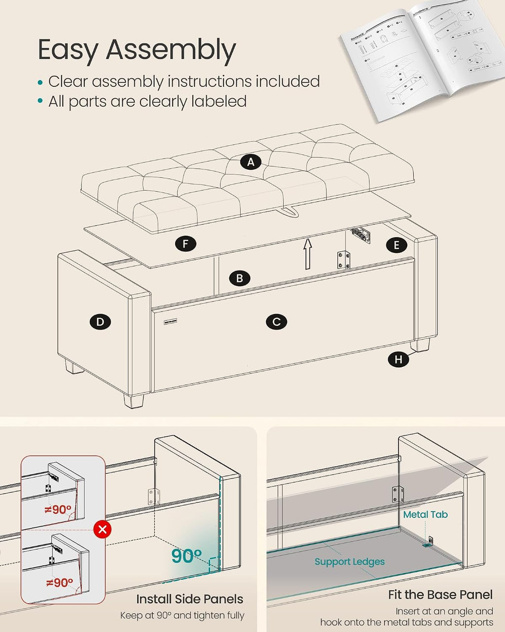 SONGMICS Storage Ottoman, 48 Inches Long Bed End Stool, Solid Wood Legs
