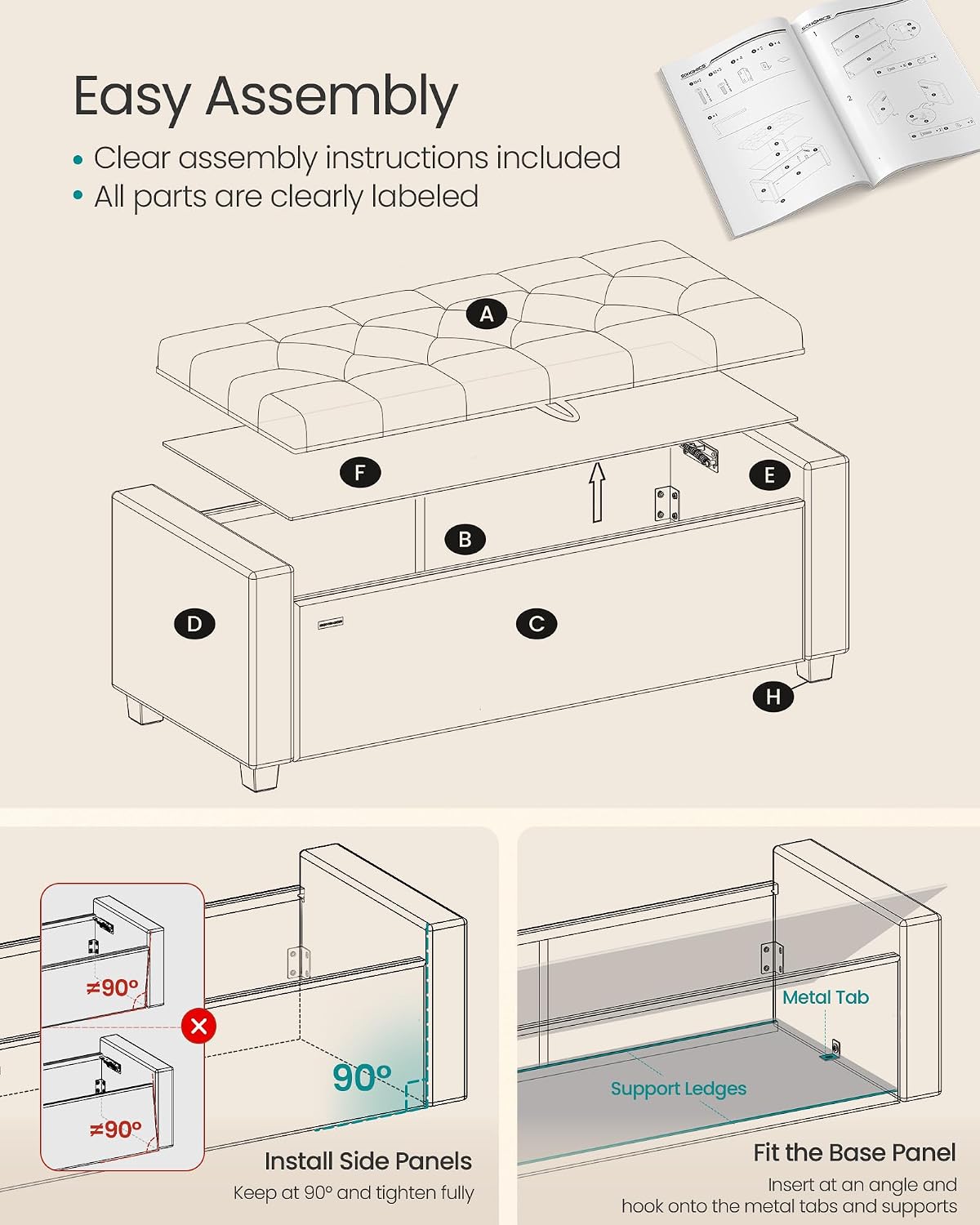 SONGMICS Storage Ottoman, 48 Inches Long Bed End Stool, Solid Wood Legs
