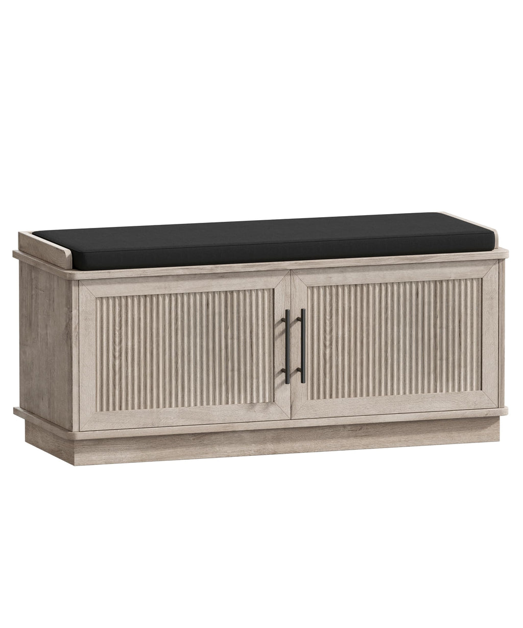 Akxomel 39.4" Fluted Shoe Storage Bench 2 Doors Wooden Entryway Bench Oak