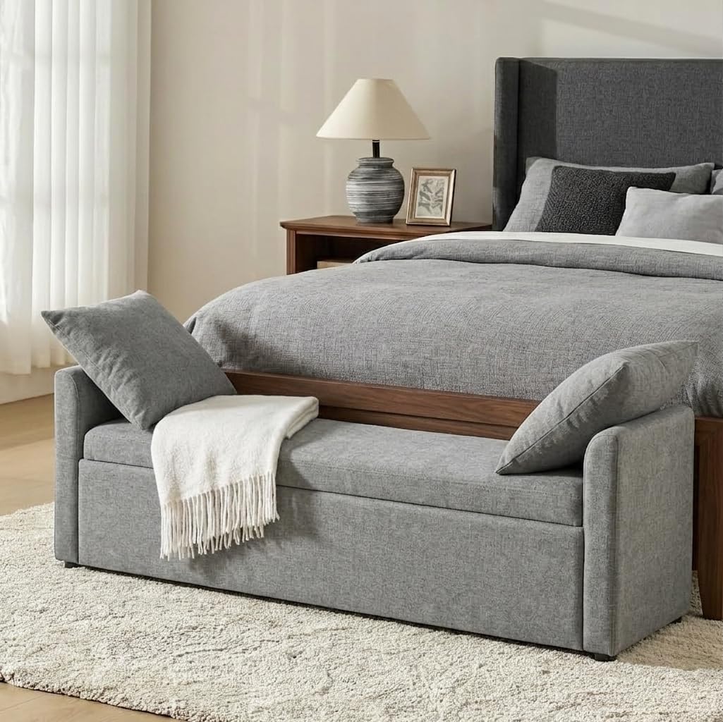 HULALA HOME 59" Storage Bench with 2 Throw Pillows & Armrests, Linen