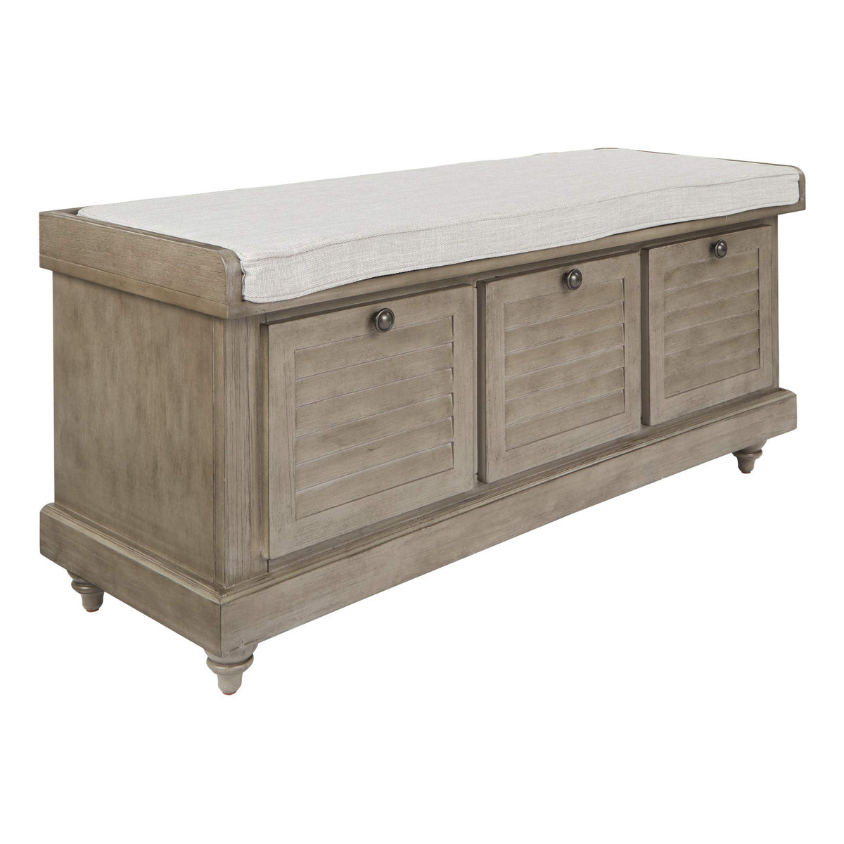 OSP Home Furnishings Dover Coastal Lift-Top Storage Bench with Shutter Face Styling, Distressed Brown Finish with Beige Linen Fabric Cushion