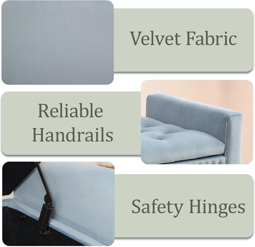 47in Velvet Storage Ottoman Bench with Arms, Upholstered Storage Bench with Wooden Legs, Storage Bench for Bedroom, Living Room, Entryway, Blue Grey