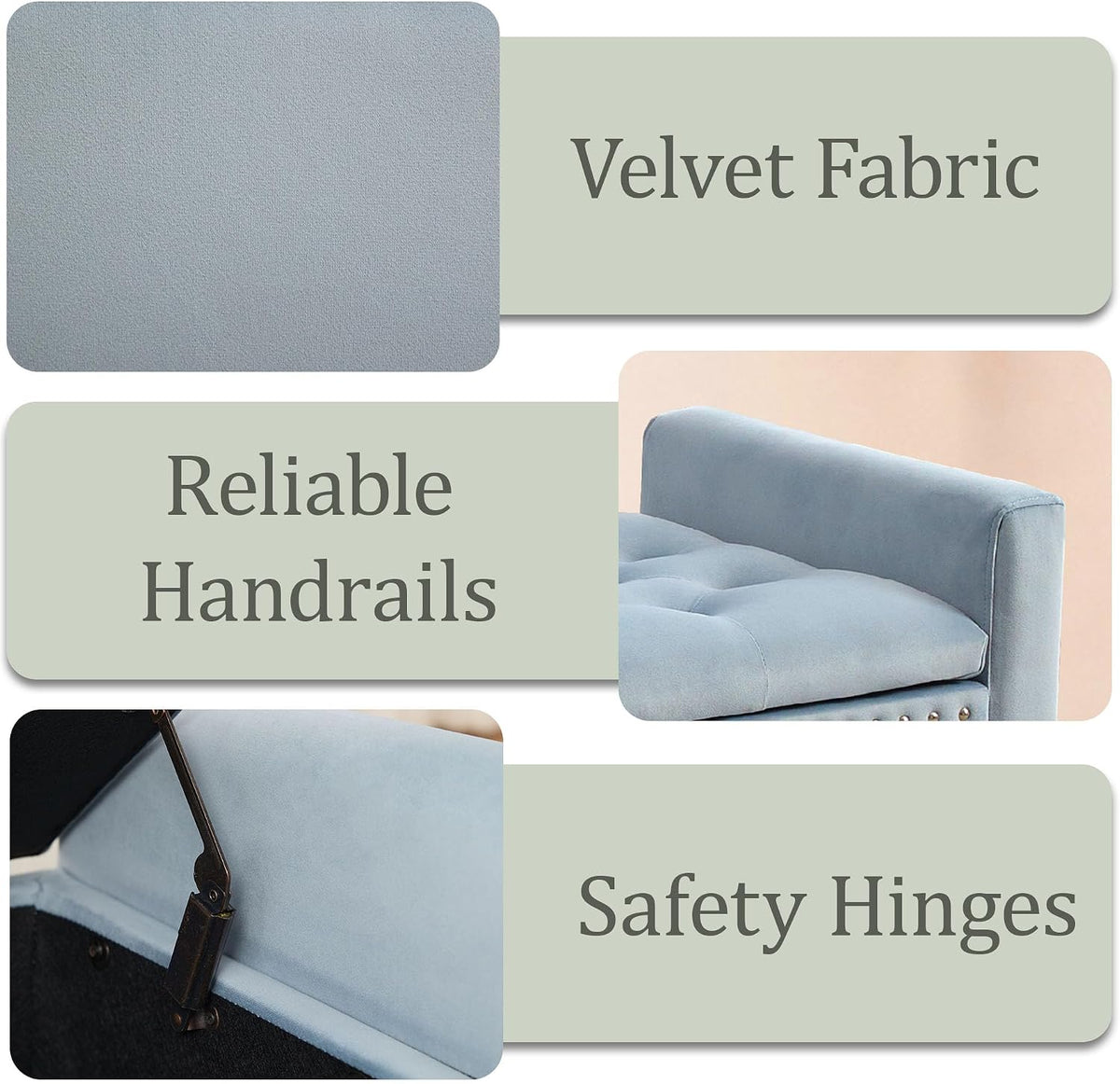 47in Velvet Storage Ottoman Bench with Arms, Upholstered Storage Bench with Wooden Legs, Storage Bench for Bedroom, Living Room, Entryway, Blue Grey