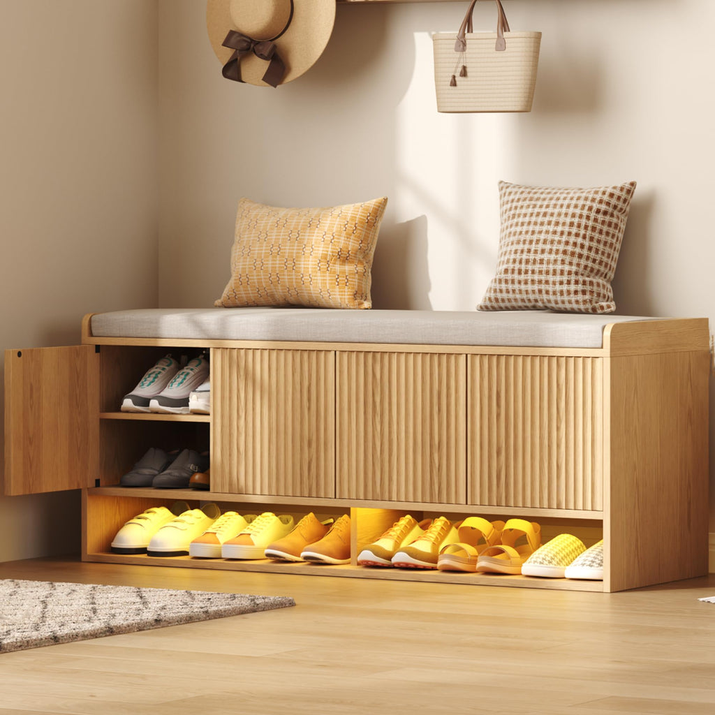 HOMEFORT 47.2" Fluted Shoe Storage Bench, Entryway Bench with Linen Seat Cushion, Shoe Cabinet Bench with Adjustable Shelf and Built-in LED Sensor Light, Bench for Bedroom End of Bed, Walnut
