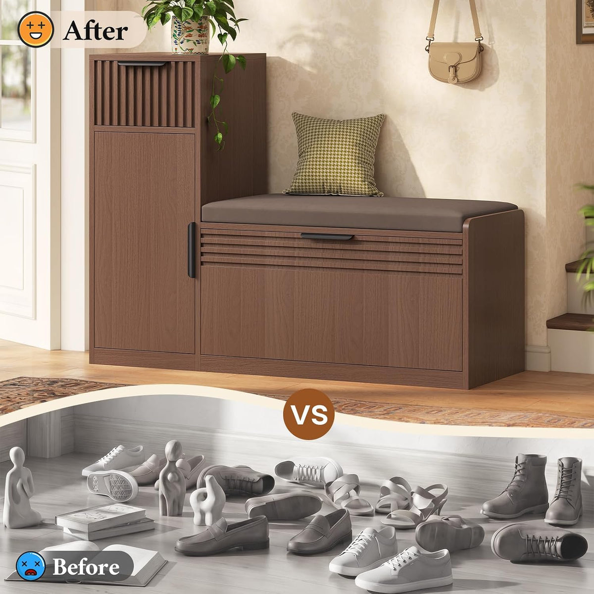 45.3" L-Shaped Storage Bench, Entryway Bench with Shoe Storage and Cushion, 3-Level Adjustable Shelves Flip Drawer & Side Cabinet with Fluted Panels for Hallway, Mudroom, Living Room, Walnut