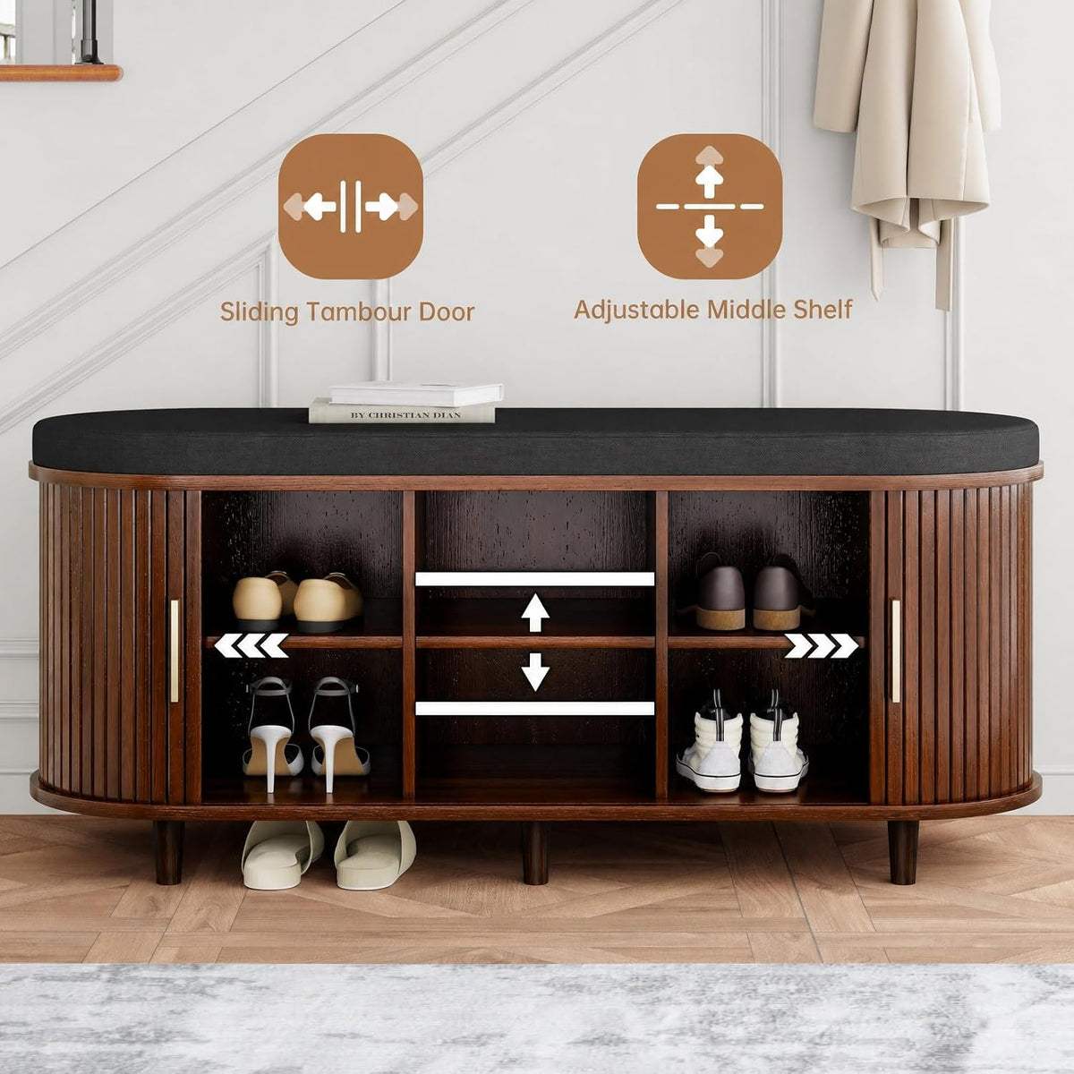 DHH 2-Tier Storage Bench,Wide Shoe Bench with Thickened Padded Seat Cushion, Mid Century Modern Fluted Sliding Door and Adjustable Shelf, for Entryway, Living Room, Bedroom (Walnut, 43.3“)