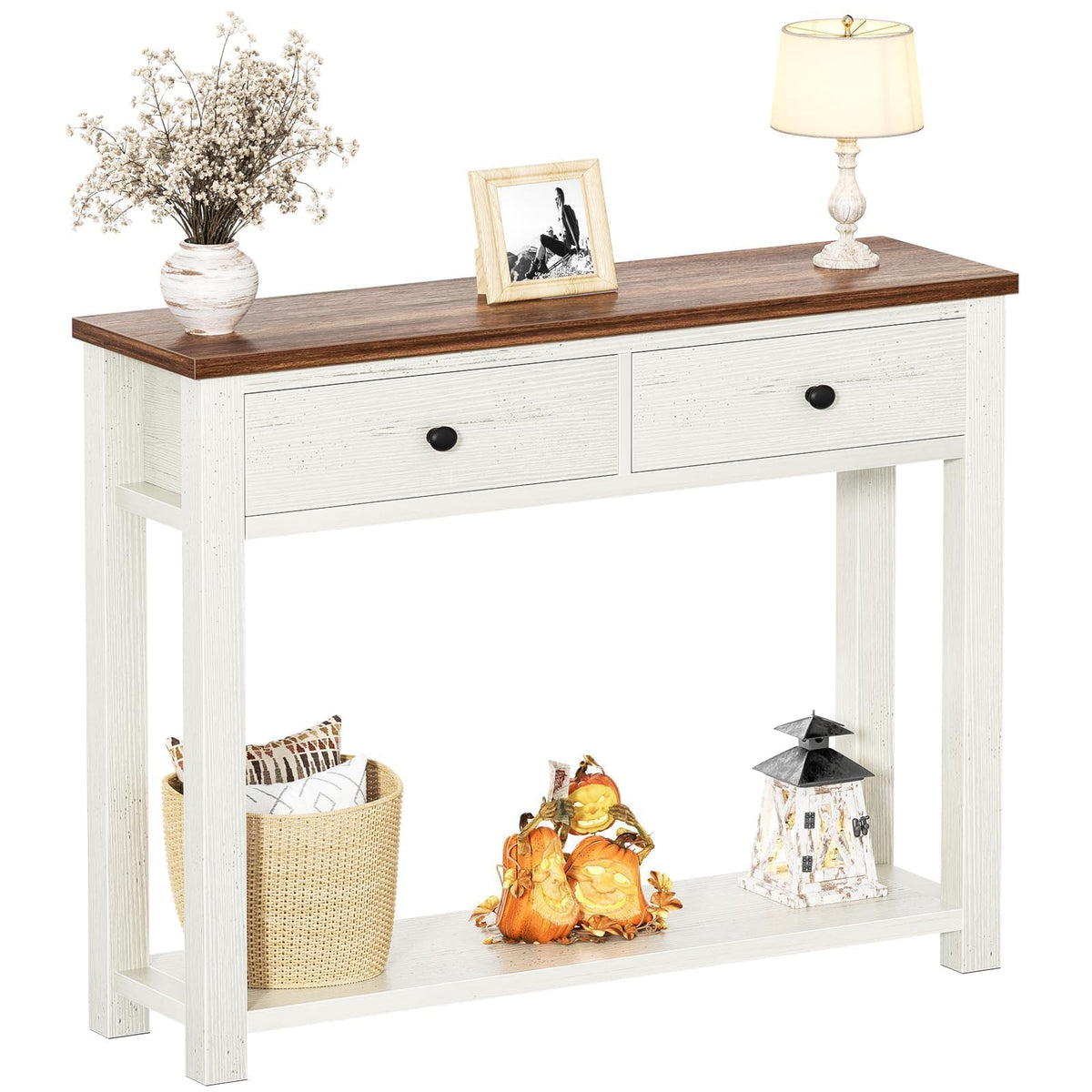 Homieasy Farmhouse Console Table with 3 Drawers, 47 Inch Wood Sofa Table with Storage Shelf for Living Room, Behind Couch, Entryway Table for Hallway, Living Room, or Foyer, Brown and Antique White