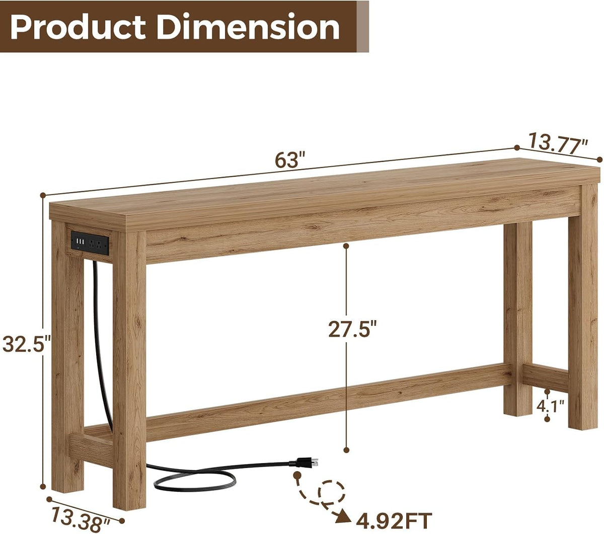 Cyclysio 63" Console Table with 2 AC Outlets & 3 USB Ports, Natural Oak