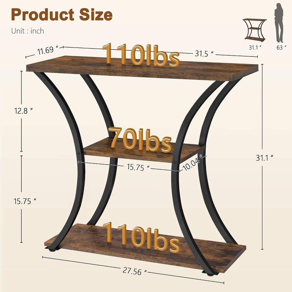 Hoctieon 3 Tier Console Table with Open Wood Shelves, Decorative Entryway Table with Curved Metal Frames, Narrow Sofa Table for Entrance, Living Room, Hallway, Rustic Brown+Black