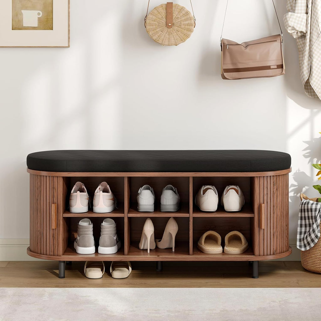 ONBRILL 43" Shoe Bench with Storage, Fluted Shoe Storage Bench, Walnut