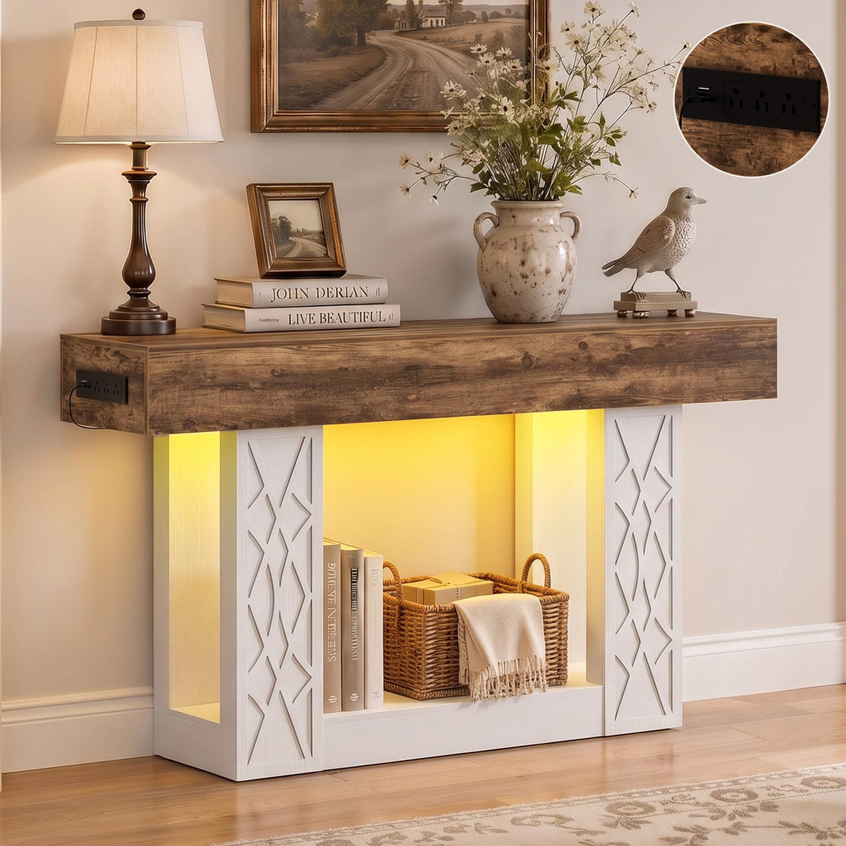 Unikito 47" Console Sofa Table with Power Outlet & LED Light, Grey & Brown