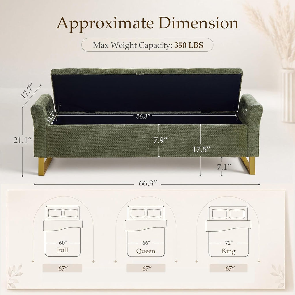 67" King Size End of Bed Storage Bench, Storage Benches for Bedroom, Green