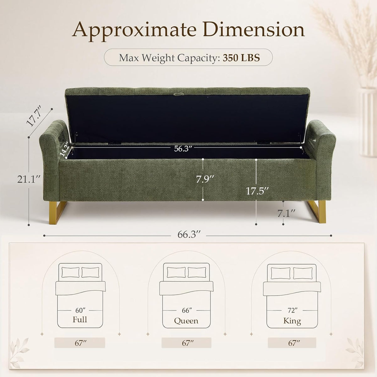 67" King Size End of Bed Storage Bench, Storage Benches for Bedroom, Green