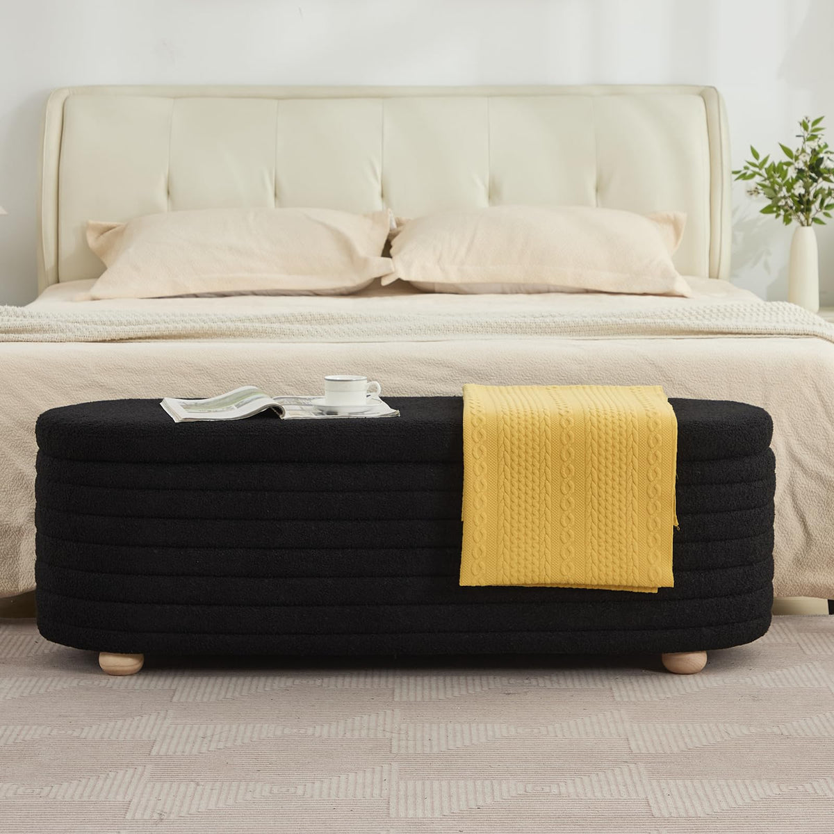 45.5" Storage Teddy Ottoman Bench Upholstered Fabric Bench Hidden Storage Chest with Slow-Close Safety Hinge for Bedroom, Living Room, Entryway, White