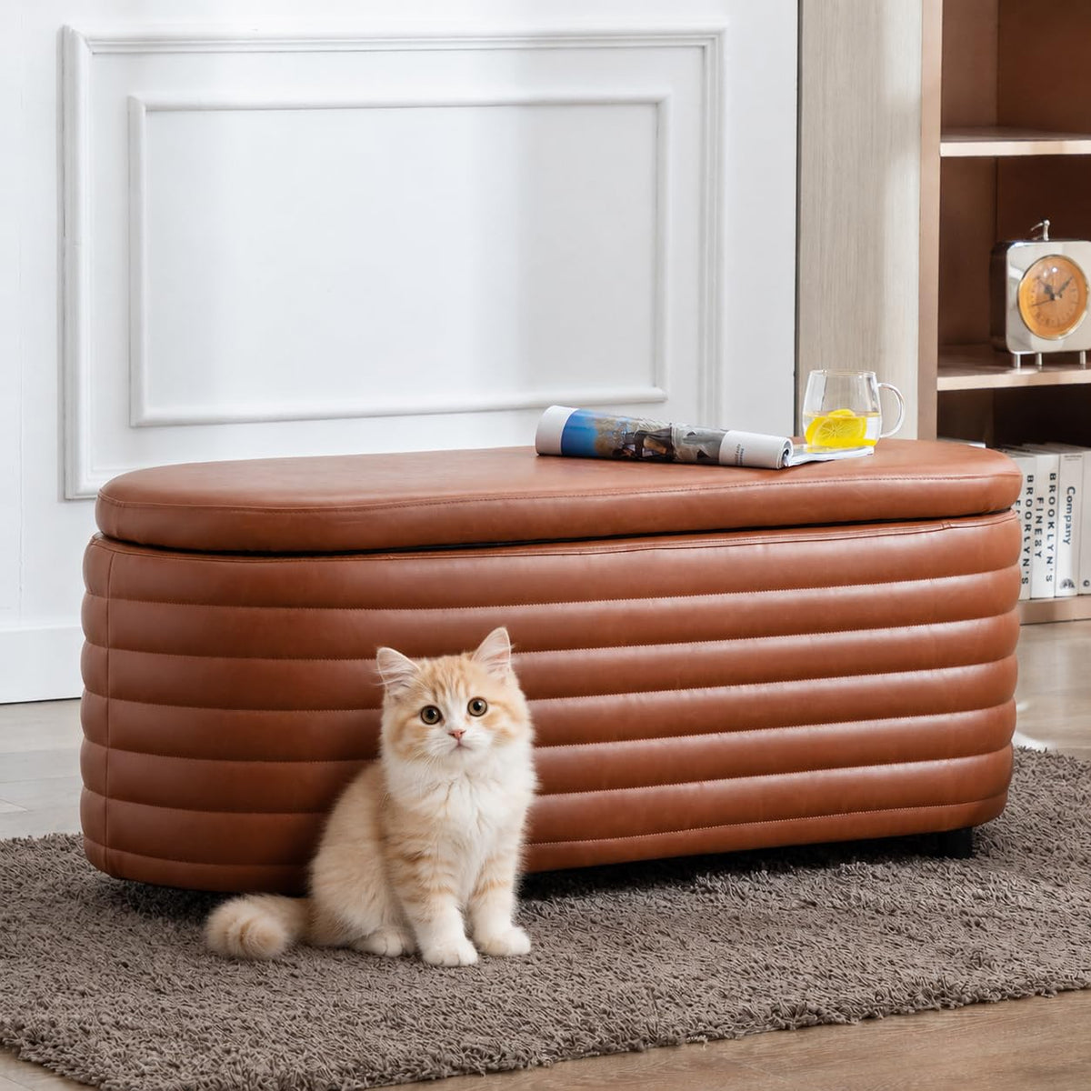 45.5" Storage Teddy Ottoman Bench Upholstered Fabric Bench Hidden Storage Chest with Slow-Close Safety Hinge for Bedroom, Living Room, Entryway, White