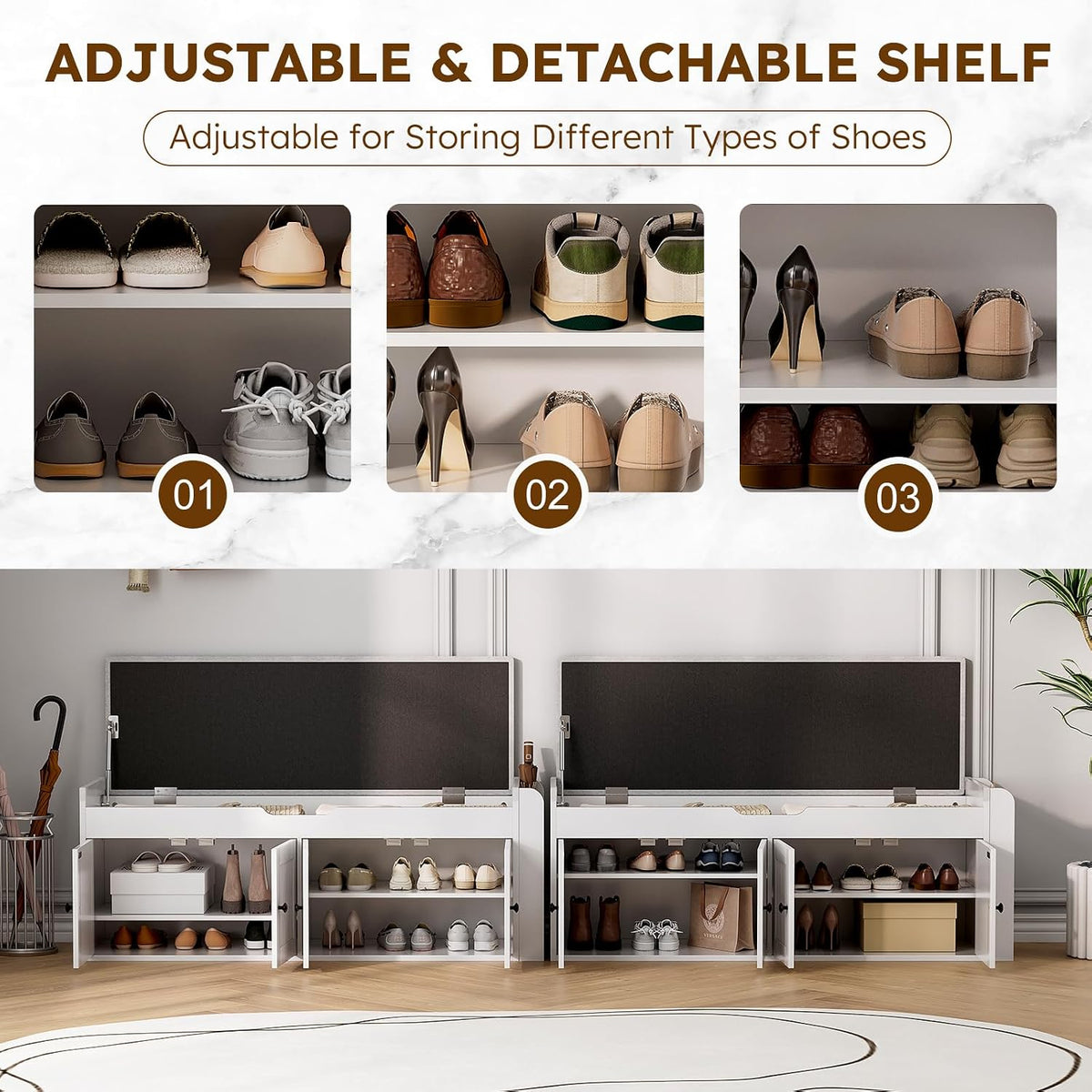 47.2" Storage Bench - Entryway Shoe Bench with Side Storage Shelves and 4 Doors, Multifunctional Entryway Bench with Lift Top Cushion, Shoe Storage Bench for Bedroom, Living Room, White