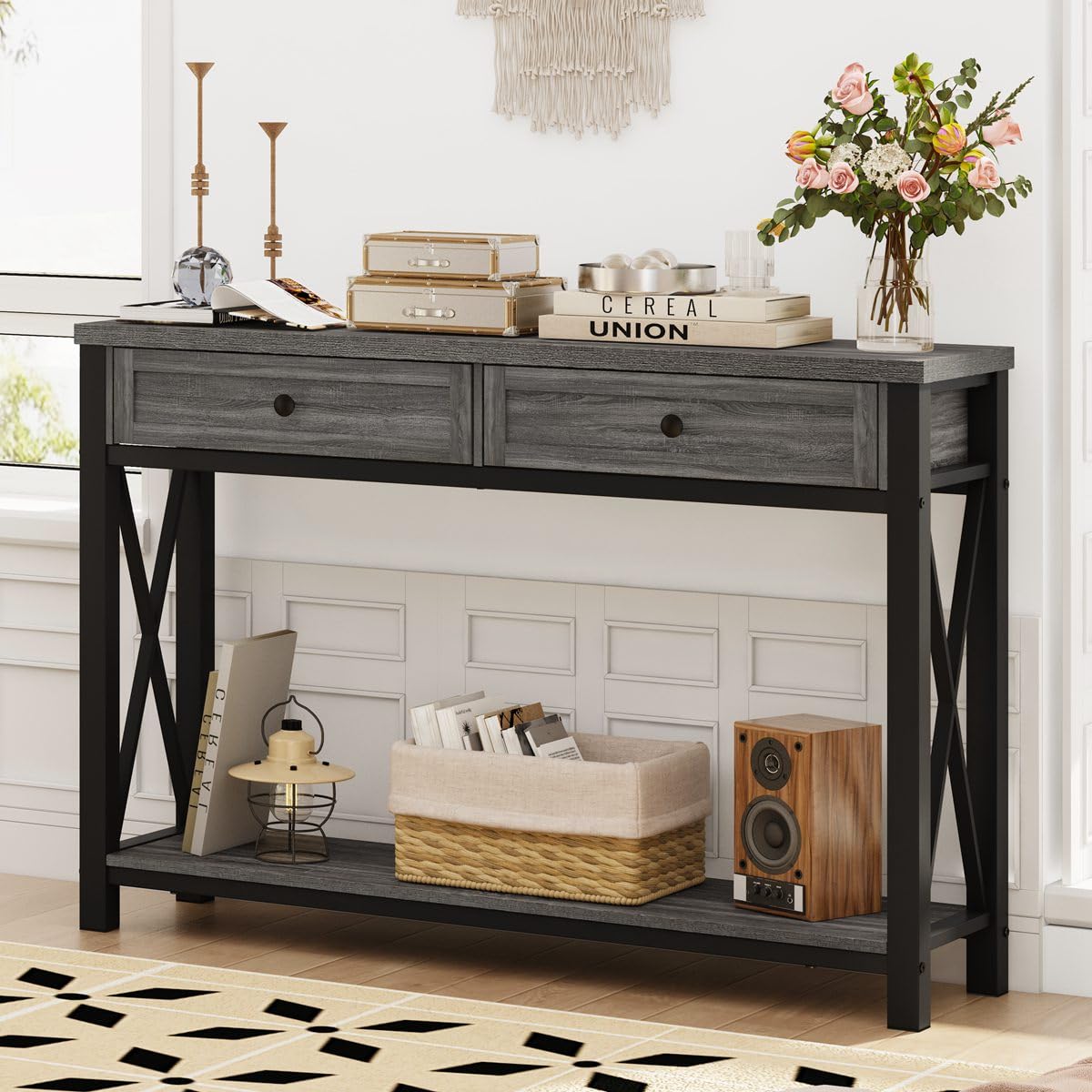 BON AUGURE 47” Narrow Console Table, 3 Tier Sofa Table Behind Couch, Rustic
