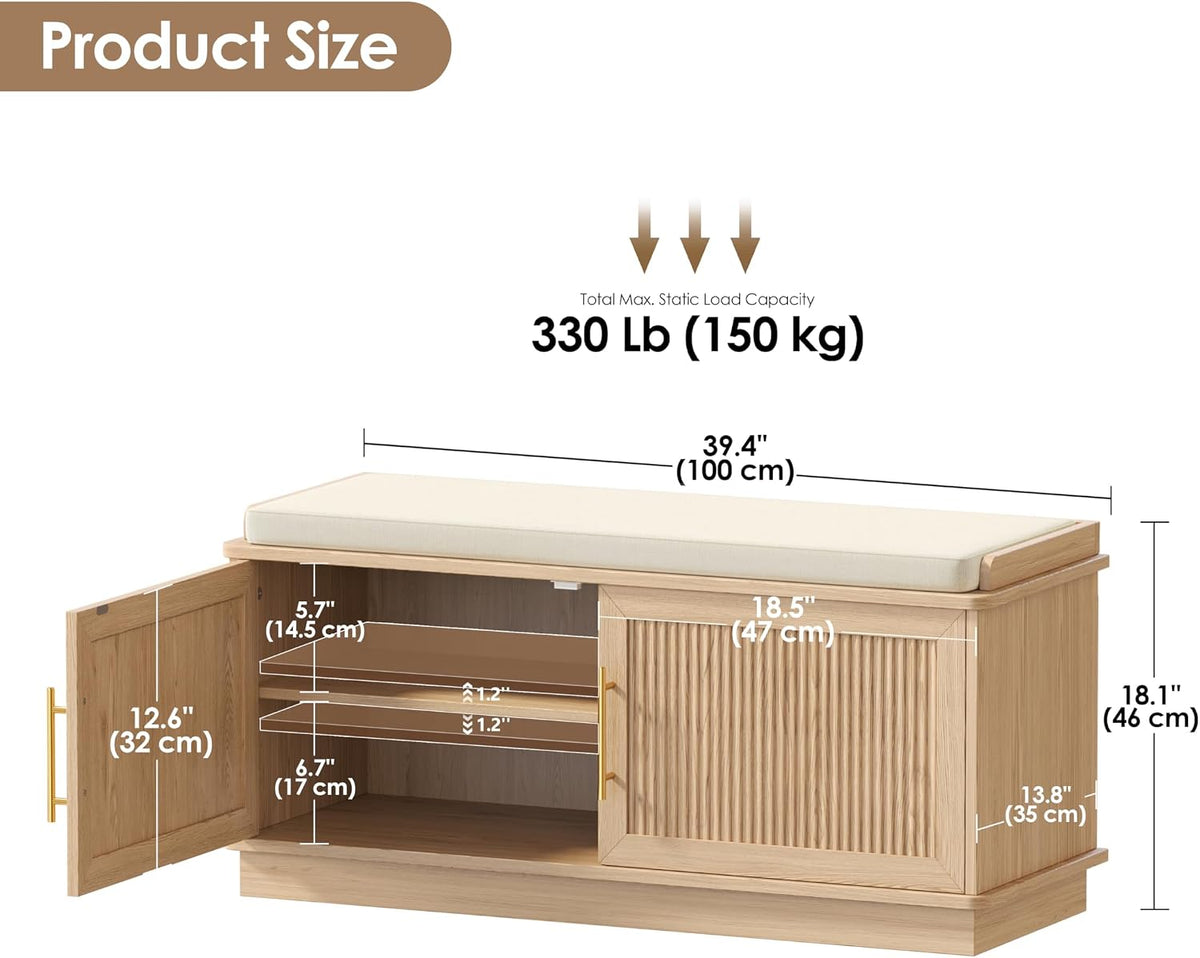 Akxomel 39.4" Fluted Shoe Storage Bench 2 Doors Wooden Entryway Bench Oak