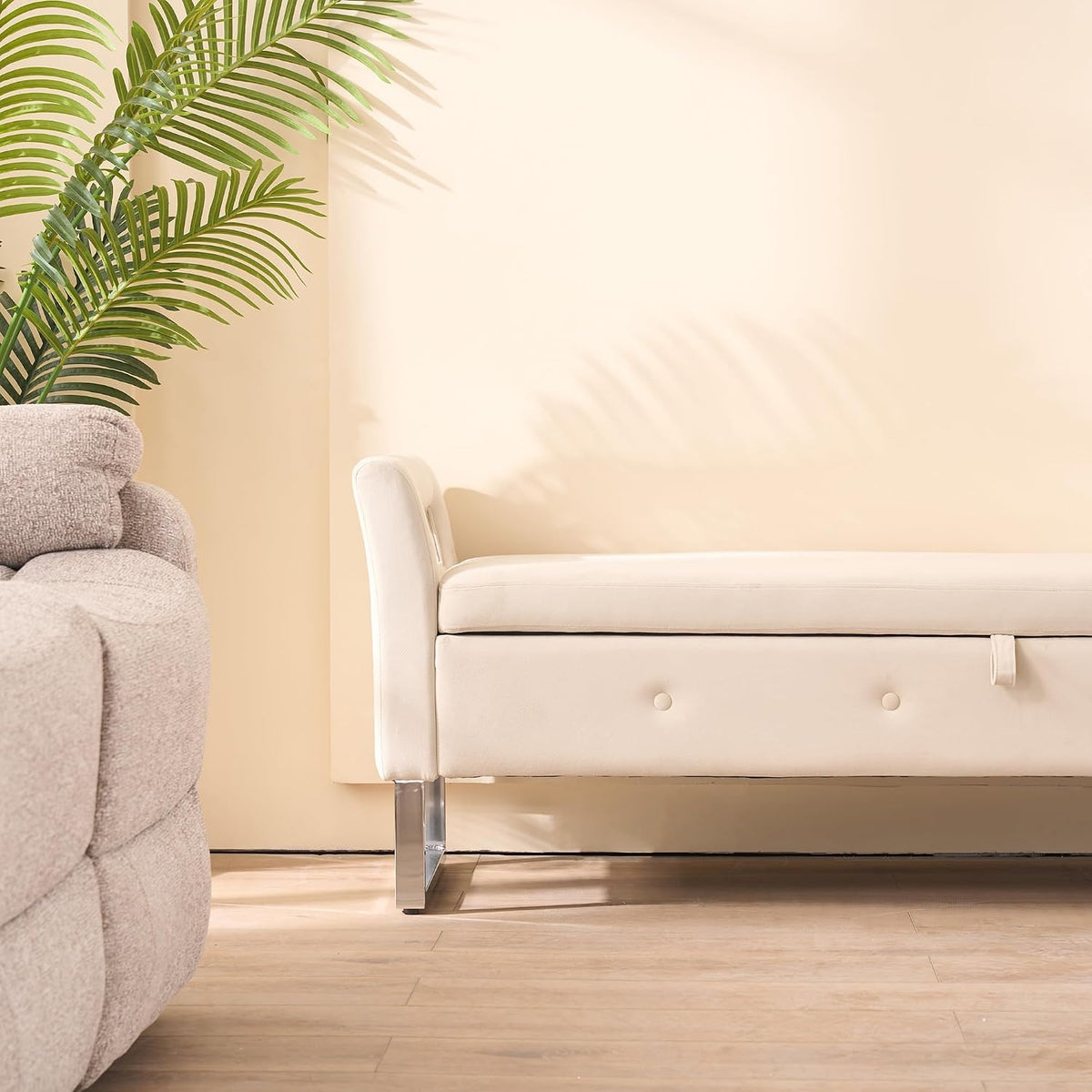 GDFStudio Velvet Storage Bench with Hidden Compartment - Upholstered Ottoman for Entryway, Bedroom, Living Room - Soft Foam Cushion, Sturdy Silver Metal Legs, Easy Assembly - Beige Storage Seat