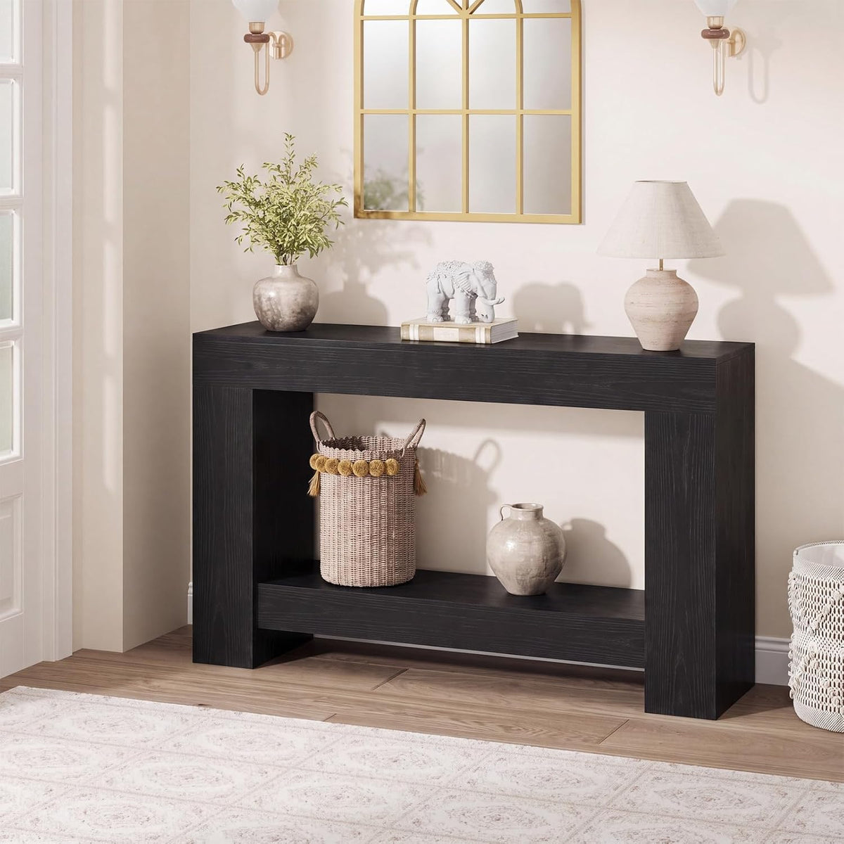 Garvee 47" Farmhouse 2-Tier Console Table for Entryway, Black