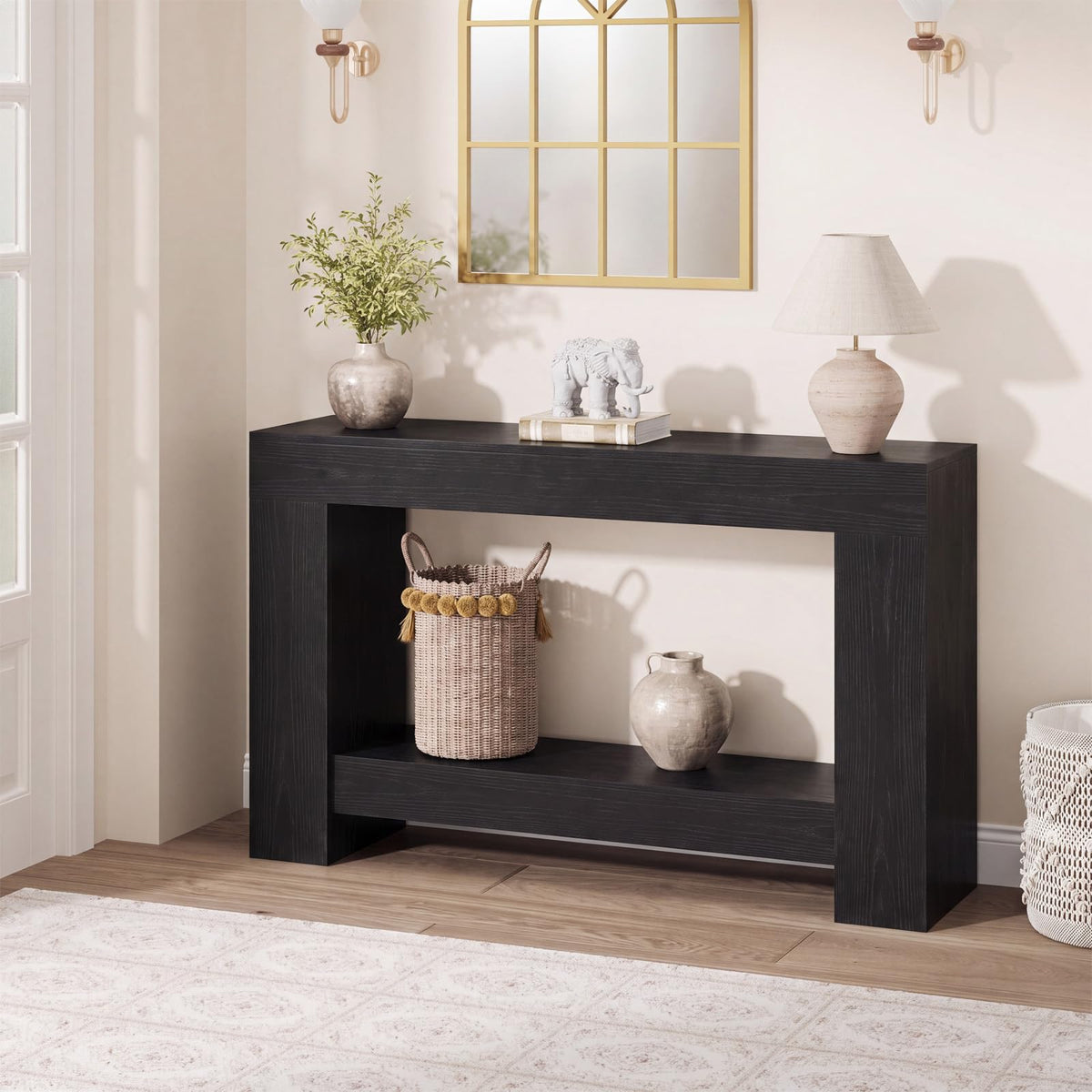 Garvee 47" Farmhouse 2-Tier Console Table for Entryway, Black