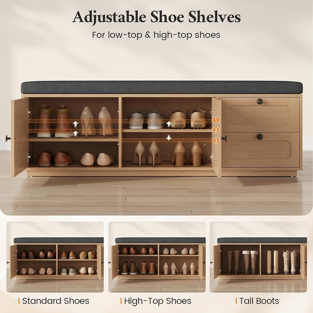 59" Storage Bench with Drawer, 2-Tier Shoe Bench with Storage, Long Entryway Bench, Thickened Cushion, Adjustable Shelf, Recessed Design for Entryway, Bedroom, Living Room, Natural