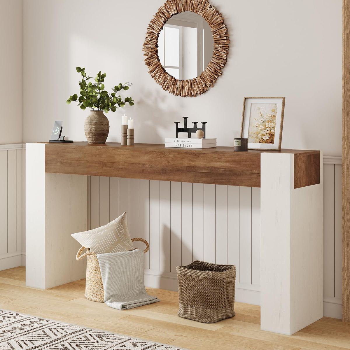 63-Inch Farmhouse Console Sofa Table with Power Outlets & LED Lights