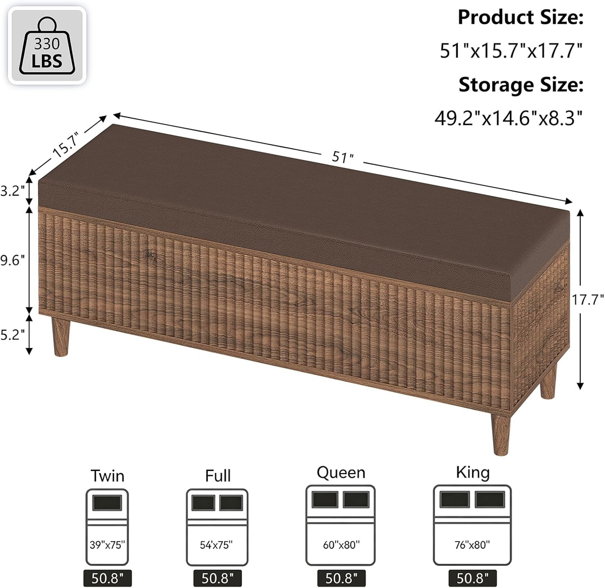 51" Storage Ottoman Bench, Fluted Wooden End of Bed Storage Bench with Leather Upholstererd, Mid-Century Modern Entryway Bench with Lift Top for Bedroom, Living Room, Entryway
