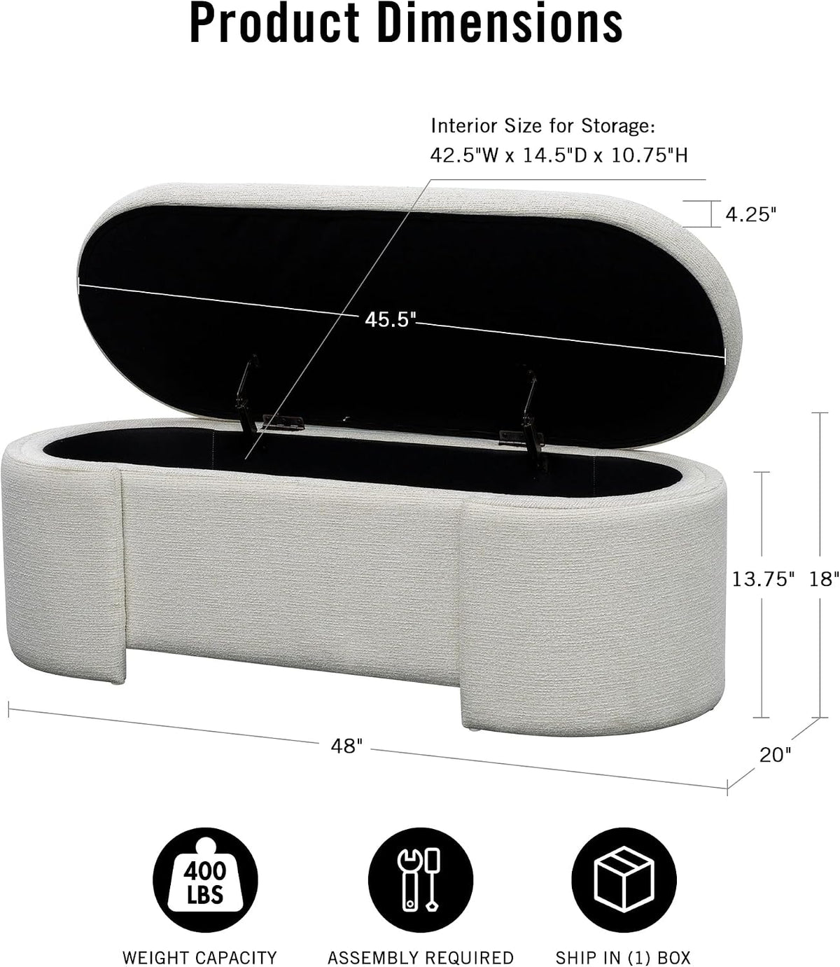 Martha Stewart Leslie Upholstered Storage Bench with Soft-Close Lid, Hidden Ventilated Storage, 48” Oval Entryway Ottoman Bench, No Assembly Required, Lily Pond Collection, Supports 400 lbs – Cream