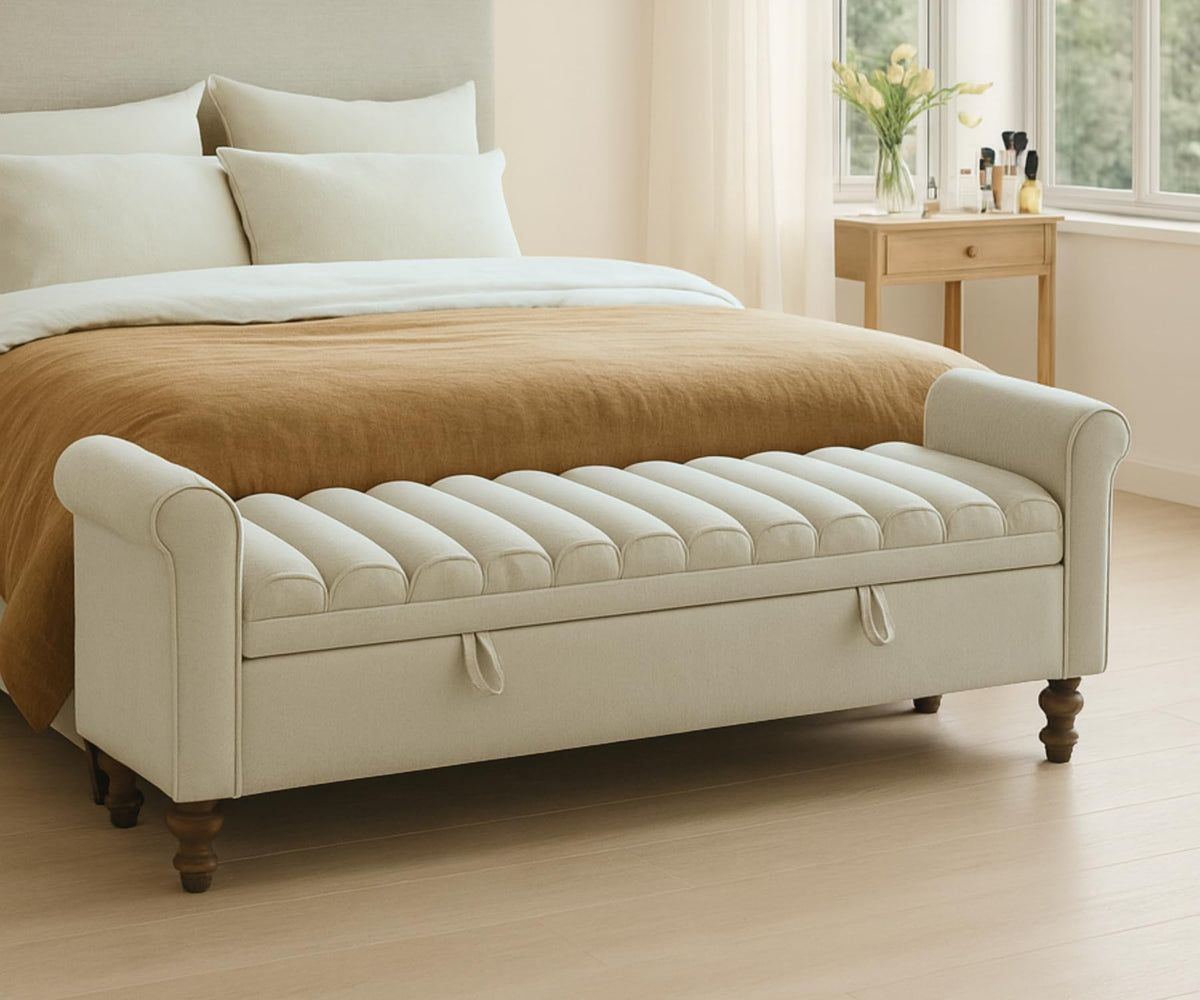 Storage Bench for Bedroom, 65.2'' Tufted End of Bed King Size Upholstered Extra-Long Bench with Dual Flip-Top Lids for Entryway, Hallway, Cloakroom, Window, Griege.