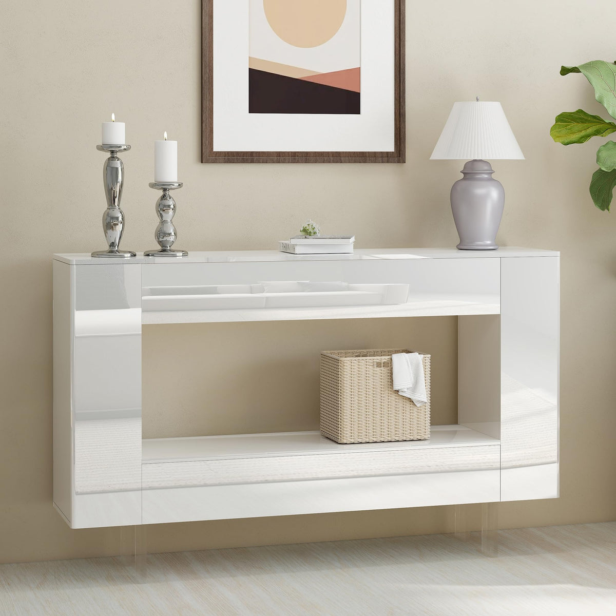 47" High Gloss Console Table with Hidden Side Storage, Black