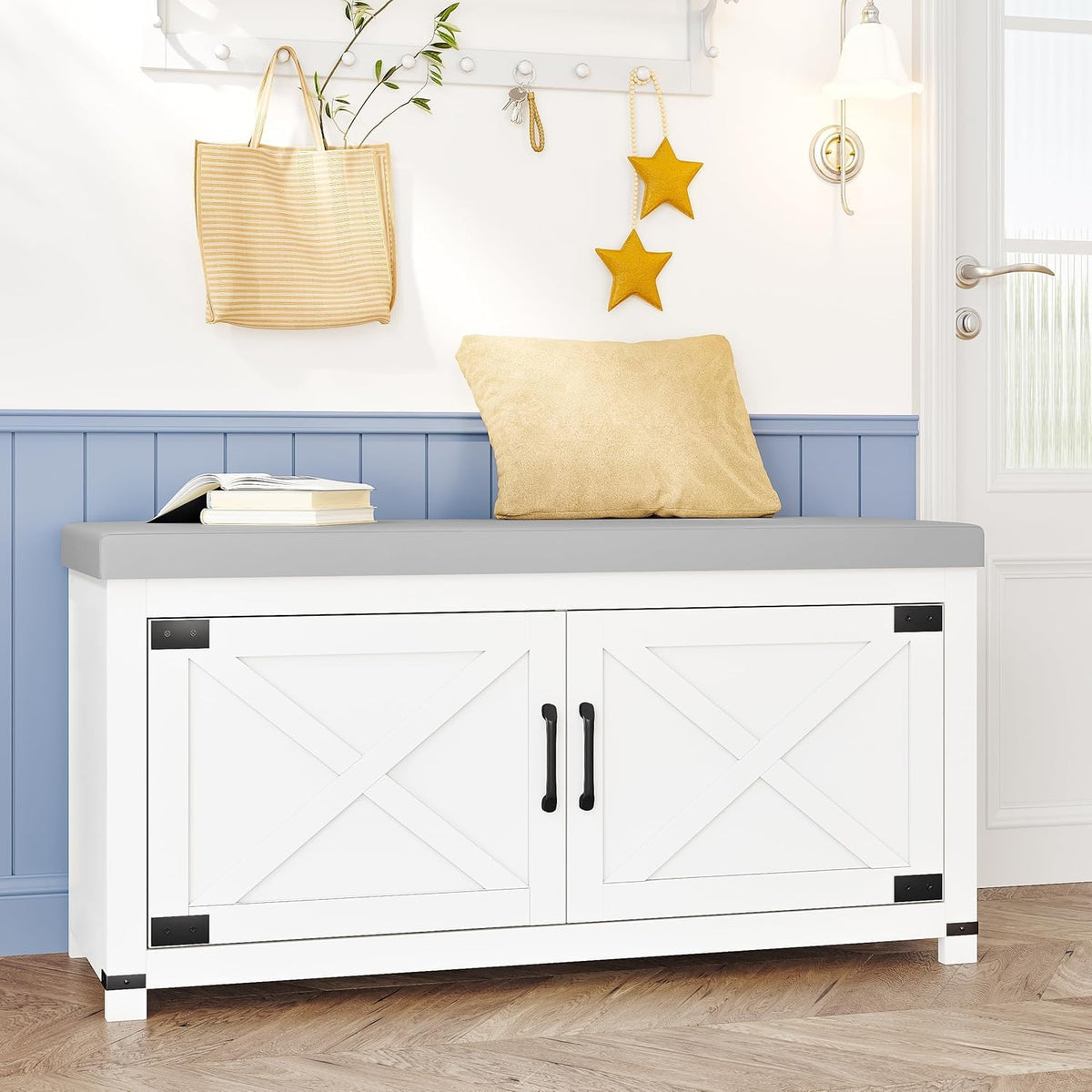 Hzuaneri 59" Shoe Storage Bench, with Soft Padded Seat Cushion & Doors