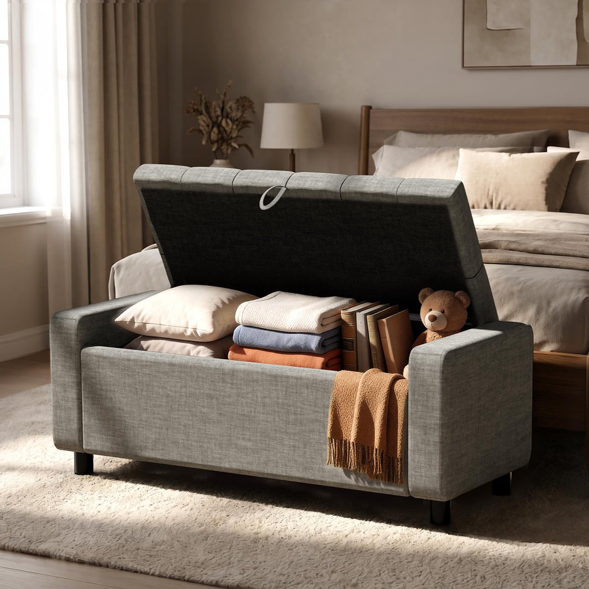 46" Storage Ottoman Bench, 30 Gallon Faux Leather Storage Bench with Handles & Soft-Close Hinged Lid for Blanket and Pillow, Load 350 lbs, End of Bed Bench for Bedroom, Entryway & Living Room, Brown