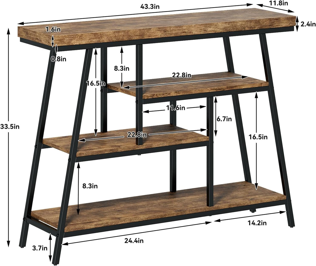 43.3" Console Table, Industrial 4-Tier Sofa Table Entryway Table with Arched Metal Frame, Storage Shelves, Narrow Wood Accent Tables with Small Spaces,Living Room,Hallway,Foyer, Rustic Brown