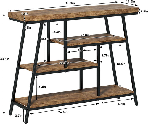 43.3" Console Table, Industrial 4-Tier Sofa Table Entryway Table with Arched Metal Frame, Storage Shelves, Narrow Wood Accent Tables with Small Spaces,Living Room,Hallway,Foyer, Rustic Brown