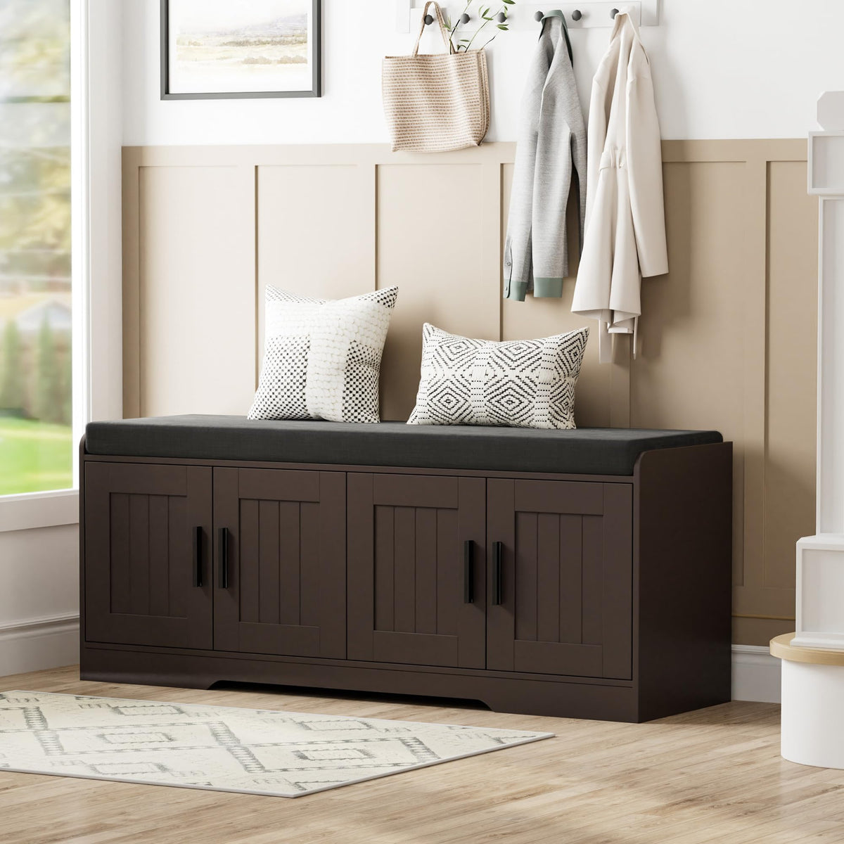Homleke Shoe Storage Bench, 2 Doors & Thickened Padded Seat Cushion