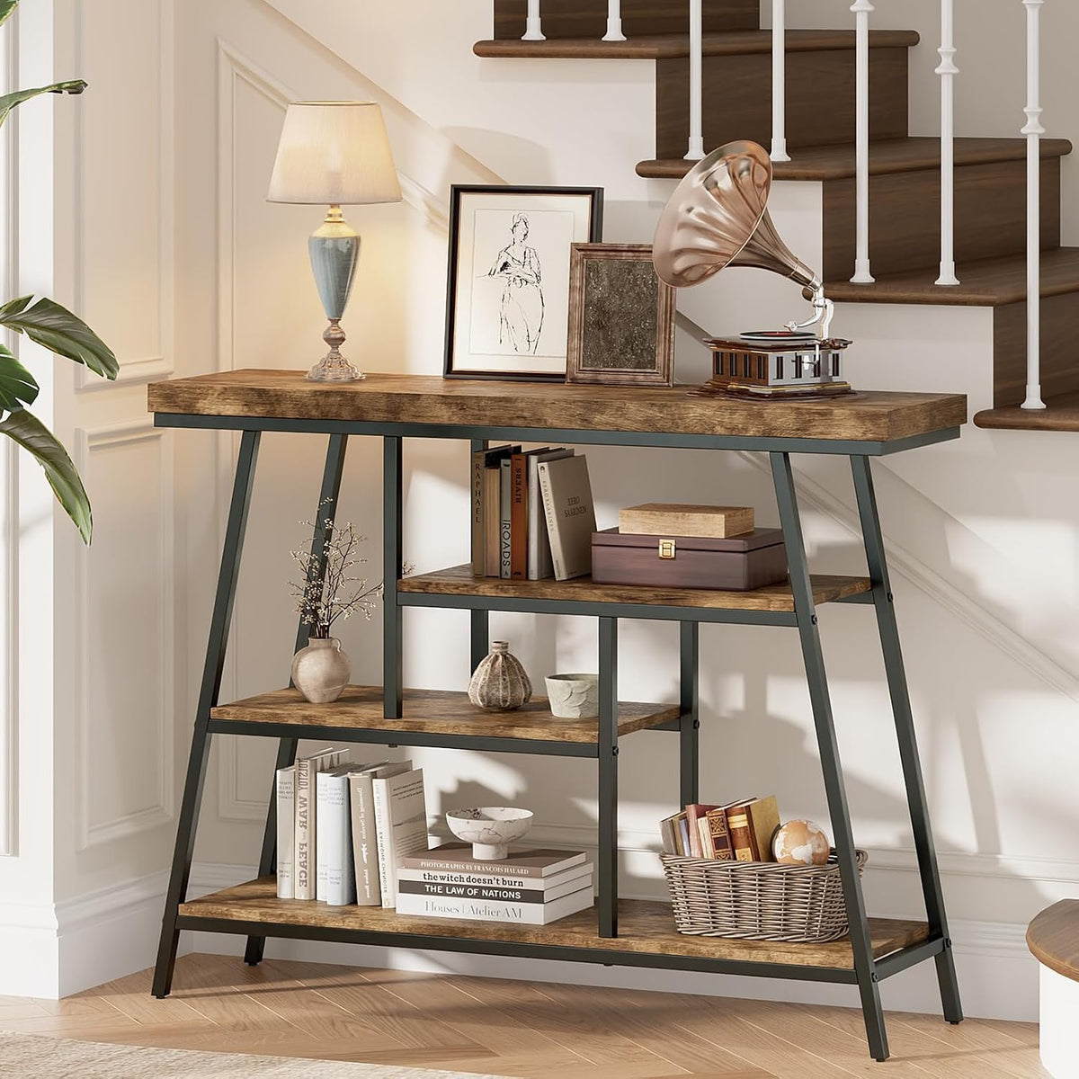 43.3" Console Table, Industrial 4-Tier Sofa Table Entryway Table with Arched Metal Frame, Storage Shelves, Narrow Wood Accent Tables with Small Spaces,Living Room,Hallway,Foyer, Rustic Brown