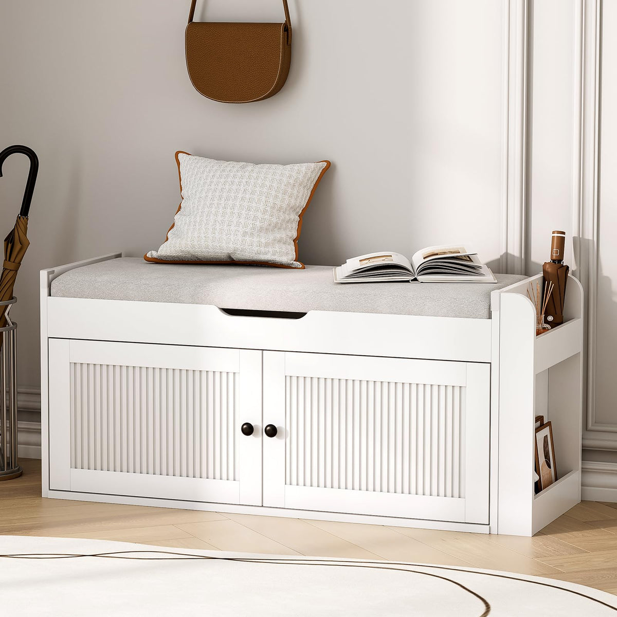 47.2" Storage Bench - Entryway Shoe Bench with Side Storage Shelves and 4 Doors, Multifunctional Entryway Bench with Lift Top Cushion, Shoe Storage Bench for Bedroom, Living Room, White