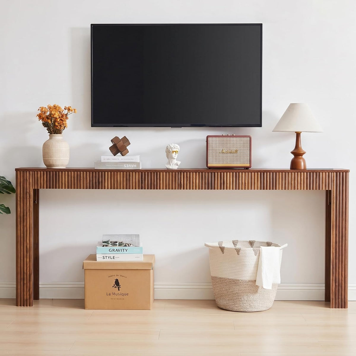 79" Long Narrow Sofa Table Behind Couch with Charging Station,Walnut