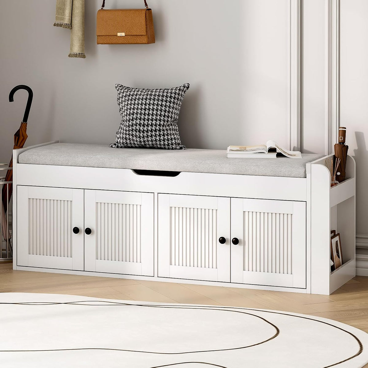 47.2" Storage Bench - Entryway Shoe Bench with Side Storage Shelves and 4 Doors, Multifunctional Entryway Bench with Lift Top Cushion, Shoe Storage Bench for Bedroom, Living Room, White