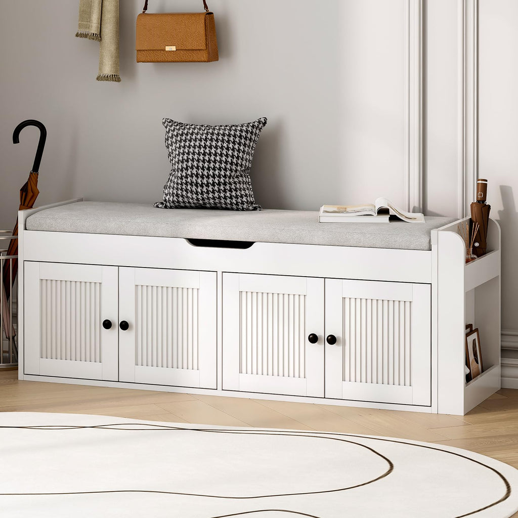 47.2" Storage Bench - Entryway Shoe Bench with Side Storage Shelves and 4 Doors, Multifunctional Entryway Bench with Lift Top Cushion, Shoe Storage Bench for Bedroom, Living Room, White