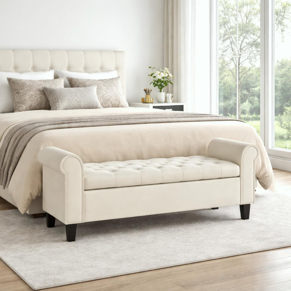 Storage Bench for Bedroom, 65.2'' Tufted End of Bed King Size Upholstered Extra-Long Bench with Dual Flip-Top Lids for Entryway, Hallway, Cloakroom, Window, Griege.