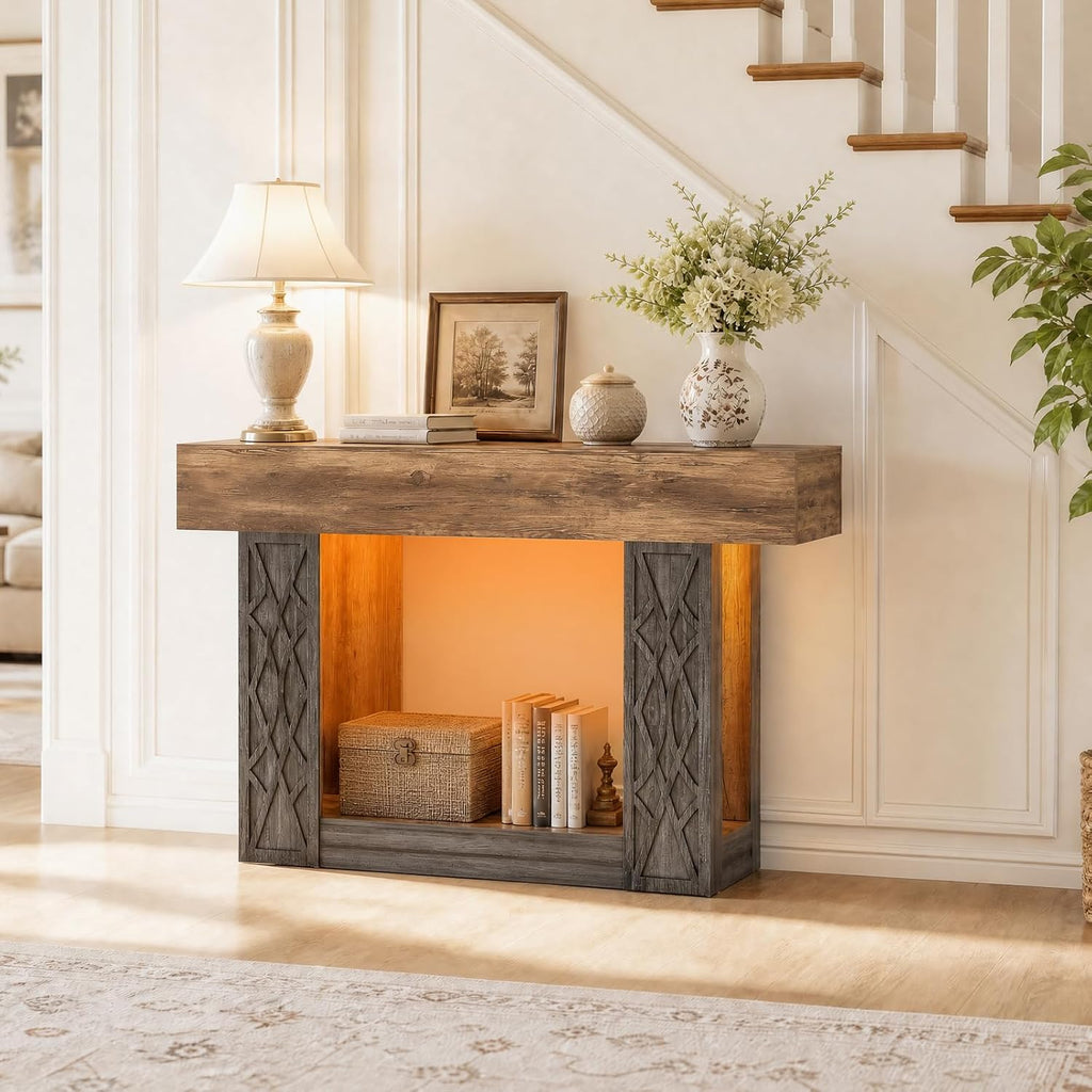 Unikito 47" Console Sofa Table with Power Outlet & LED Light, Grey & Brown